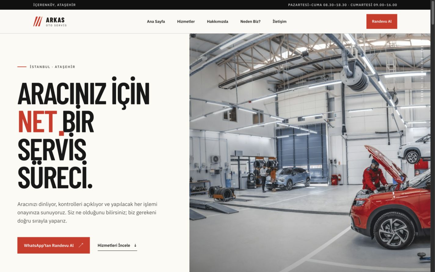 Arkas Oto Servis web sitesi masaüstü ana sayfa görünümü